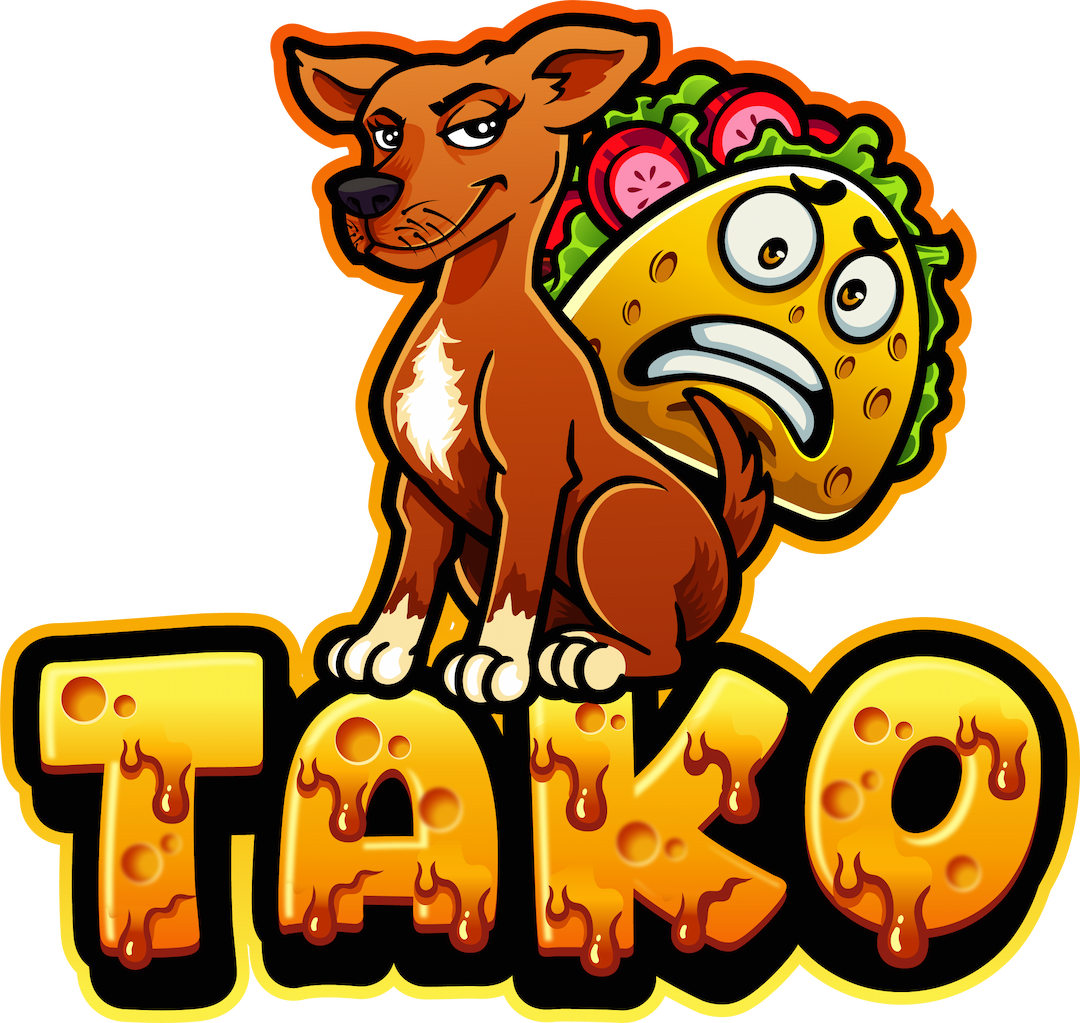 TAKO Maskottchen: Hund, panischer Taco, Käse-Schriftzug